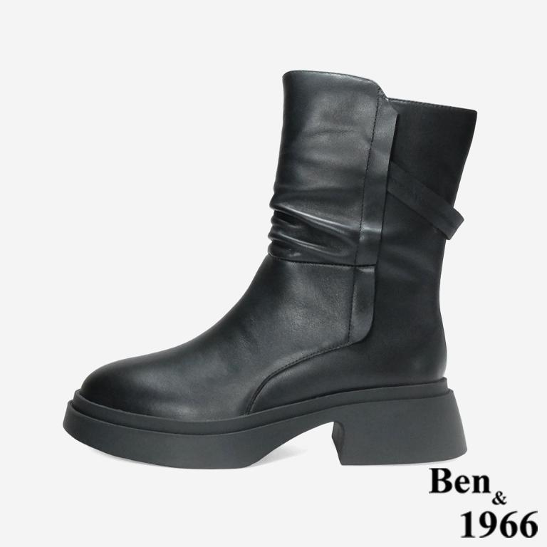 Ben&1966 高級頭層牛皮抓皺設計時尚短靴-黑(247161)