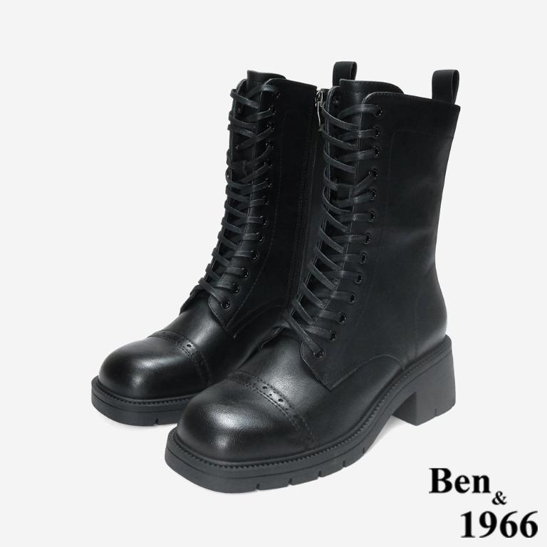 Ben&1966 高級頭層牛皮氣質英倫風綁帶短靴-黑(247171)
