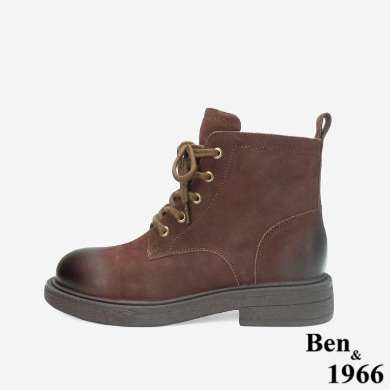 Ben&1966 高級牛皮復古打蠟綁帶個性短靴-咖啡(247031)