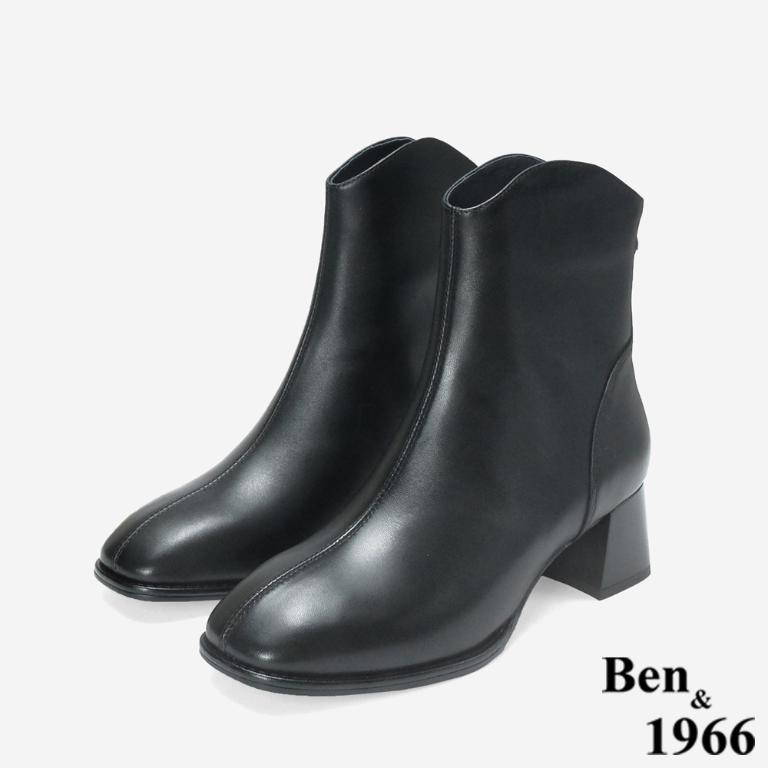Ben&1966 柔軟羊皮優雅舒適粗跟短靴-黑(247041)