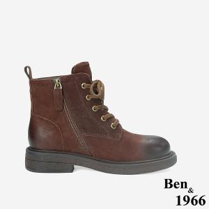 Ben&1966 高級牛皮復古打蠟綁帶個性短靴-咖啡(247031)