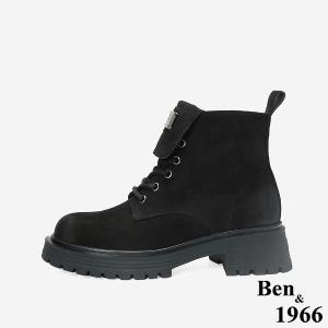 Ben&1966 高級羊磨砂皮造型鞋舌個性綁帶短靴-黑(247151)
