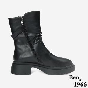Ben&1966 高級頭層牛皮抓皺設計時尚短靴-黑(247161)