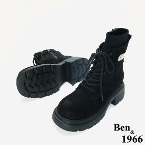 Ben&1966 高級羊磨砂皮造型金釦個性綁帶短靴-黑(247111)