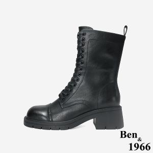 Ben&1966 高級頭層牛皮氣質英倫風綁帶短靴-黑(247171)