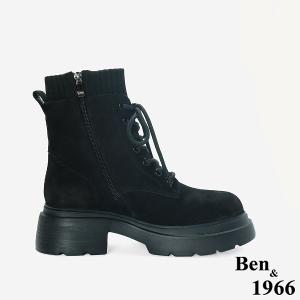 Ben&1966 高級羊磨砂皮造型金釦個性綁帶短靴-黑(247111)