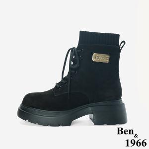 Ben&1966 高級羊磨砂皮造型金釦個性綁帶短靴-黑(247111)