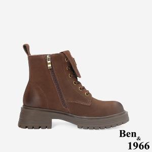 Ben&1966 高級羊磨砂皮造型鞋舌個性綁帶短靴-咖啡(247152)