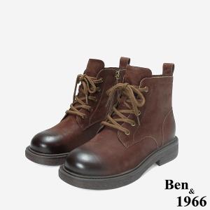 Ben&1966 高級牛皮復古打蠟綁帶個性短靴-咖啡(247031)