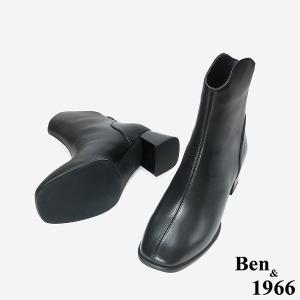 Ben&1966 柔軟羊皮優雅舒適粗跟短靴-黑(247041)