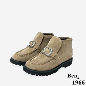 Ben&1966 高級牛皮方釦個性時尚踝靴-卡其(247022)