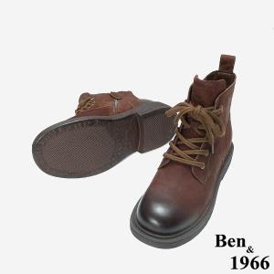 Ben&1966 高級牛皮復古打蠟綁帶個性短靴-咖啡(247031)