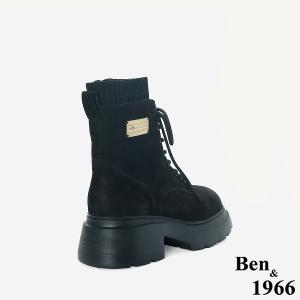 Ben&1966 高級羊磨砂皮造型金釦個性綁帶短靴-黑(247111)