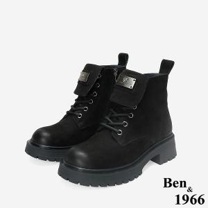 Ben&1966 高級羊磨砂皮造型鞋舌個性綁帶短靴-黑(247151)