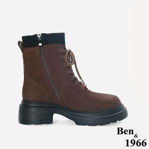Ben&1966 高級羊磨砂皮造型金釦個性綁帶短靴-咖啡(247112)