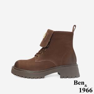 Ben&1966 高級羊磨砂皮造型鞋舌個性綁帶短靴-咖啡(247152)