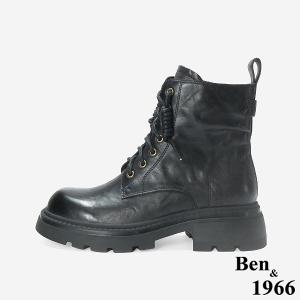 Ben&1966 高級水洗牛皮皺感中性綁帶短靴-黑(247131)