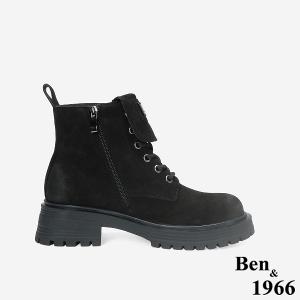 Ben&1966 高級羊磨砂皮造型鞋舌個性綁帶短靴-黑(247151)