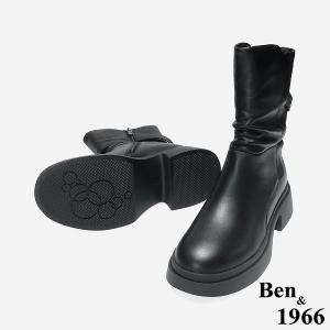 Ben&1966 高級頭層牛皮抓皺設計時尚短靴-黑(247161)