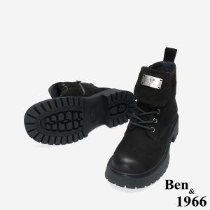 Ben&1966 高級羊磨砂皮造型鞋舌個性綁帶短靴-黑(247151)