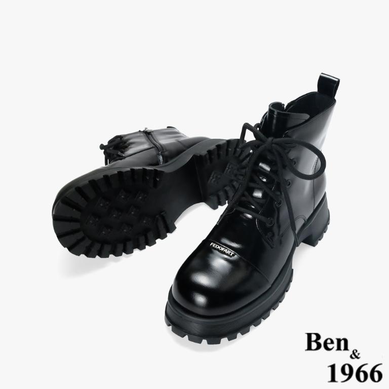 Ben&1966 高級牛油皮個性綁帶時尚短靴-黑(247091)