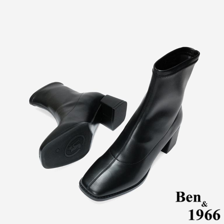 Ben&1966 高級彈力皮革時尚方頭粗跟短靴-黑(247061)