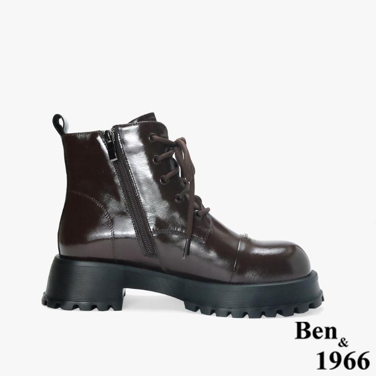 Ben&1966 高級牛油皮個性綁帶時尚短靴-咖啡(247092)