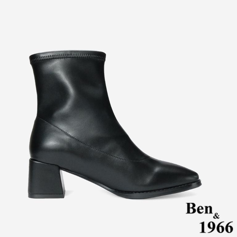 Ben&1966 高級彈力皮革時尚方頭粗跟短靴-黑(247061)