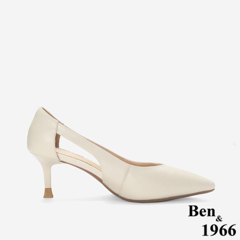 Ben&1966 高級牛皮優雅側簍空尖頭高跟鞋-米白(248313)