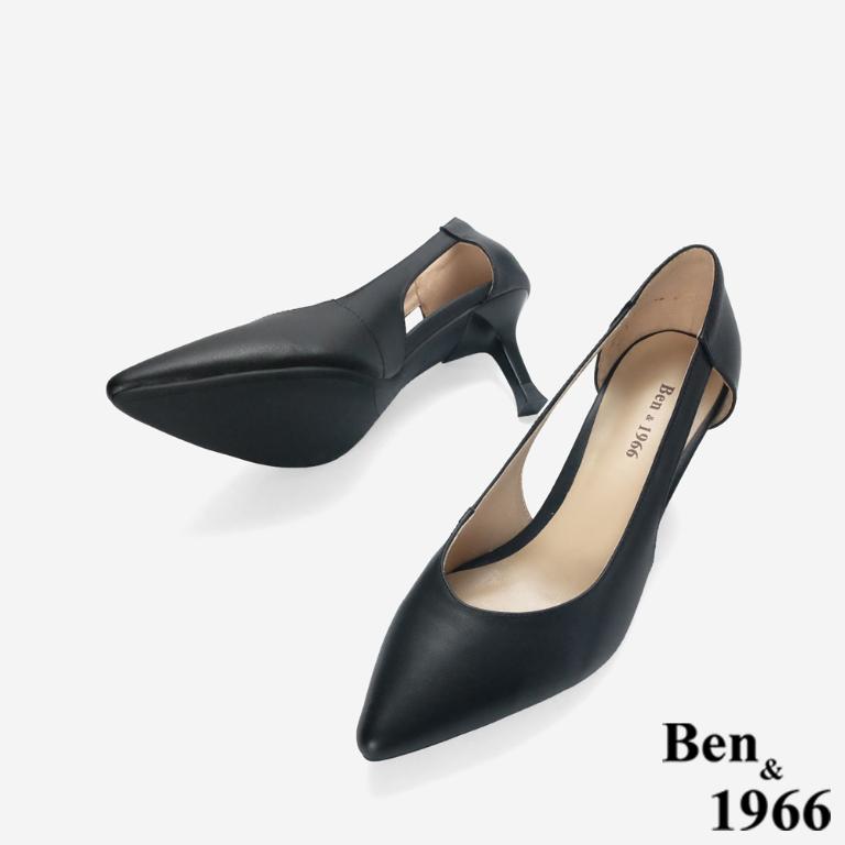 Ben&1966 高級牛皮優雅側簍空尖頭高跟鞋-黑(248311)