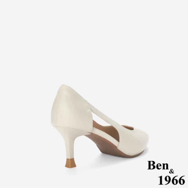 Ben&1966 高級牛皮優雅側簍空尖頭高跟鞋-米白(248313)