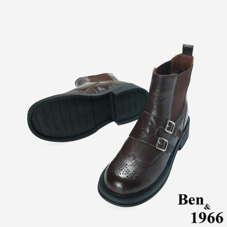 Ben&1966 高級植鞣羊皮沖孔造型短靴-咖啡(247192)