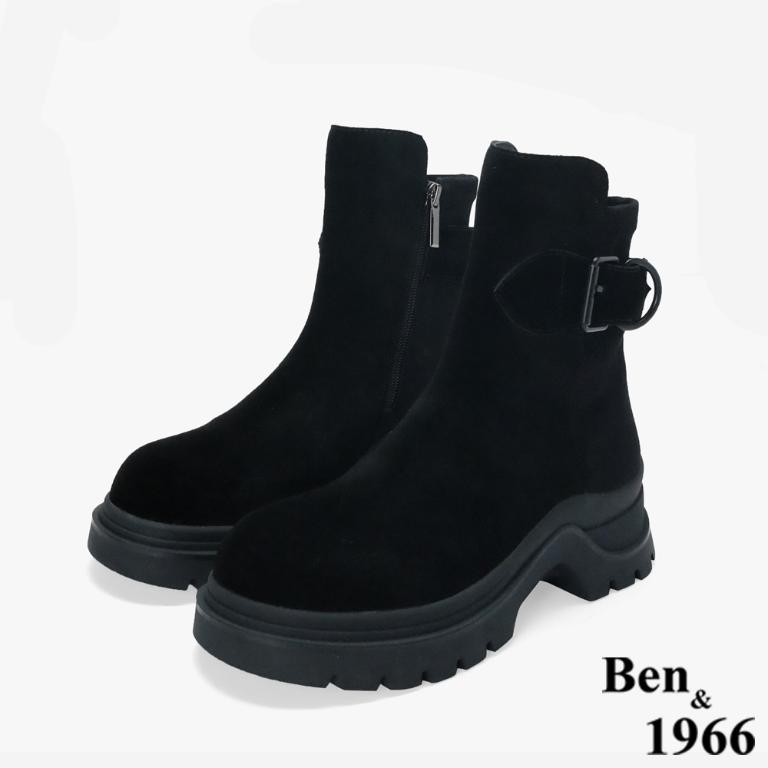 Ben&1966 高級牛皮拼接彈力絨布個性厚底短靴-黑(247211)