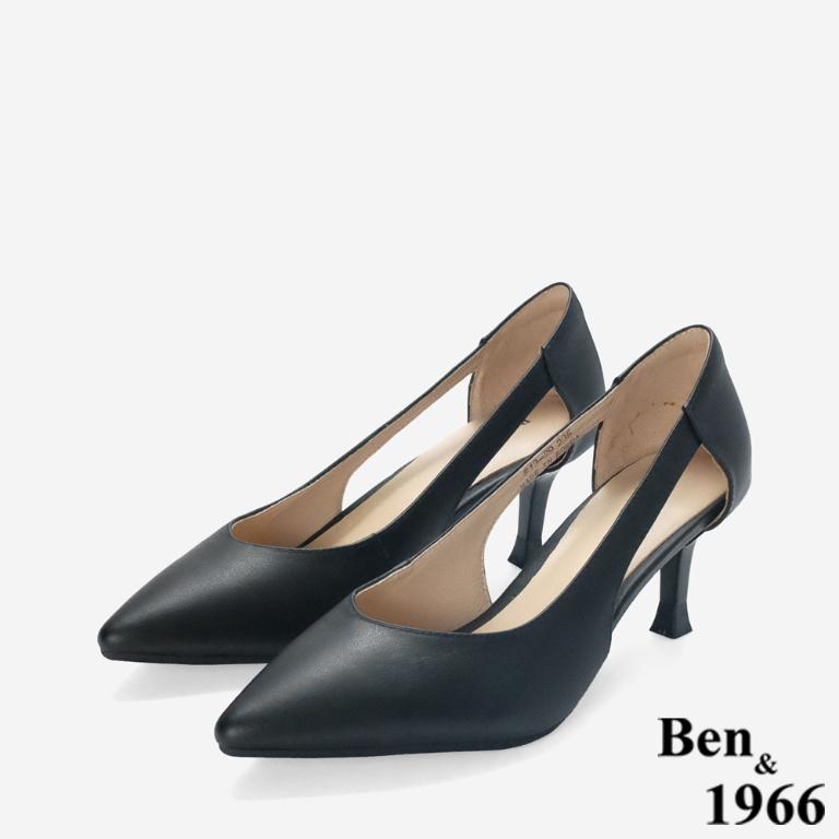Ben&1966 高級牛皮優雅側簍空尖頭高跟鞋-黑(248311)