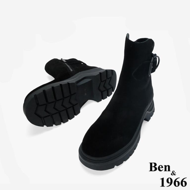 Ben&1966 高級牛皮拼接彈力絨布個性厚底短靴-黑(247211)