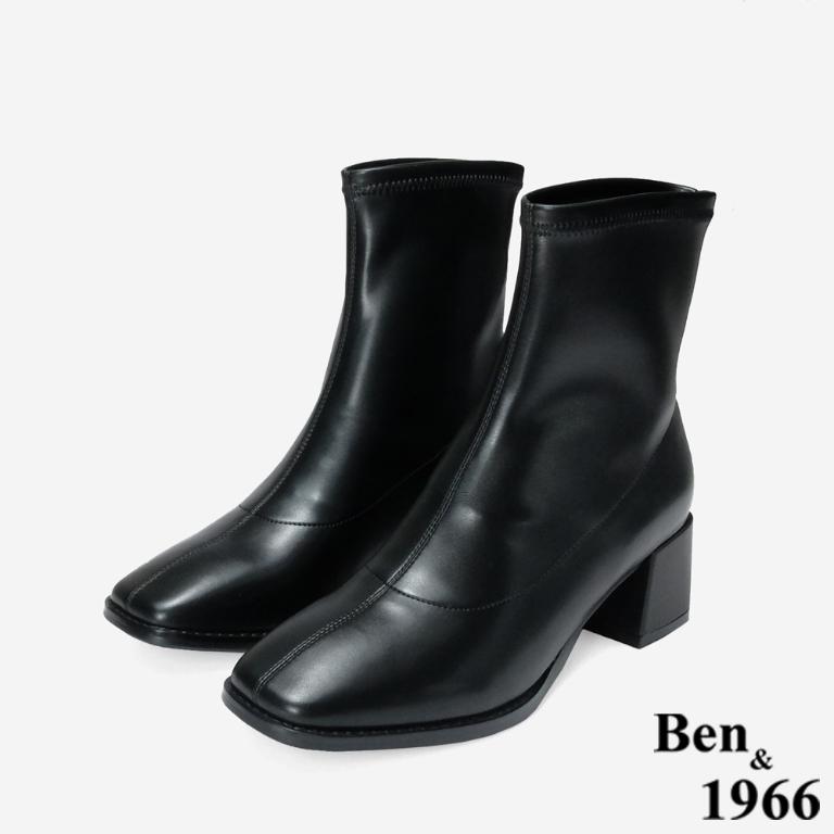 Ben&1966 高級彈力皮革時尚方頭粗跟短靴-黑(247061)