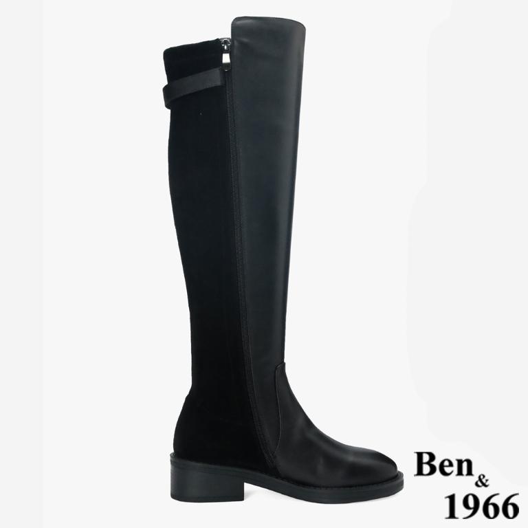 Ben&1966 高級牛皮拼接彈力布個性時尚長靴-黑(247501)