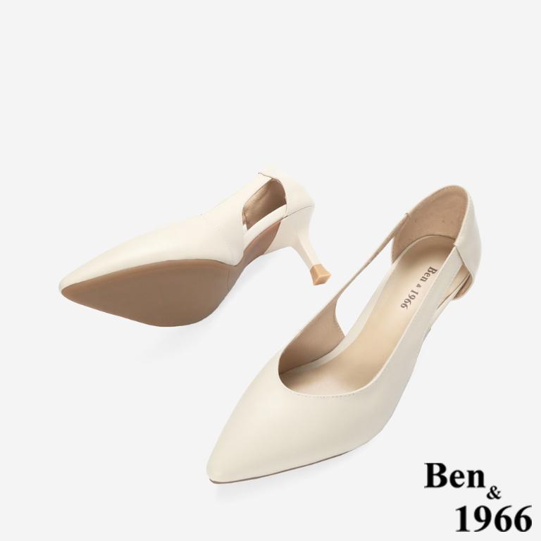 Ben&1966 高級牛皮優雅側簍空尖頭高跟鞋-米白(248313)
