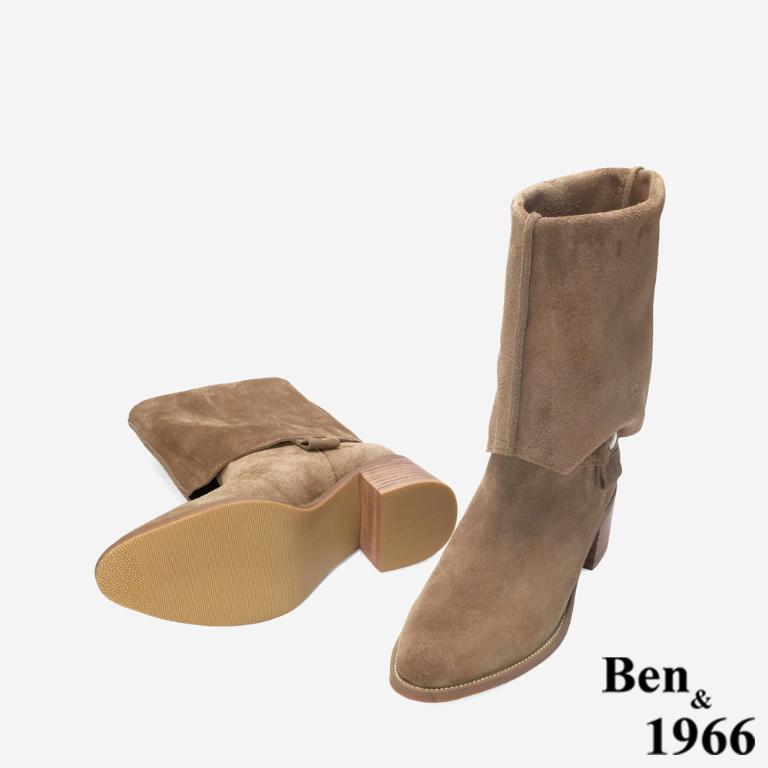 Ben&1966 高級牛皮時尚兩穿粗跟尖頭長靴-卡其(247142)
