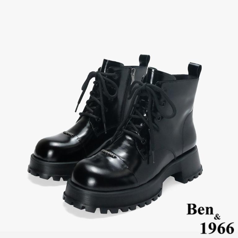 Ben&1966 高級牛油皮個性綁帶時尚短靴-黑(247091)