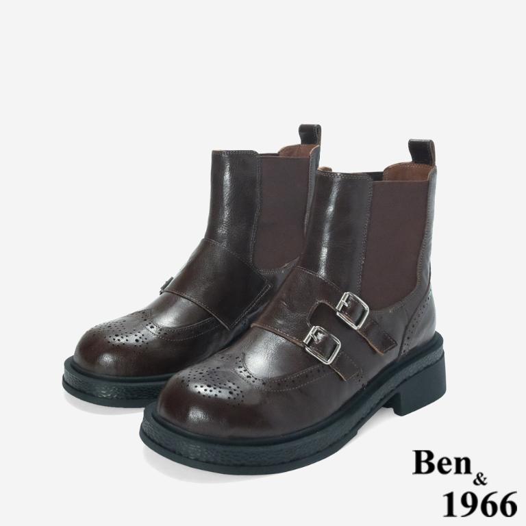 Ben&1966 高級植鞣羊皮沖孔造型短靴-咖啡(247192)