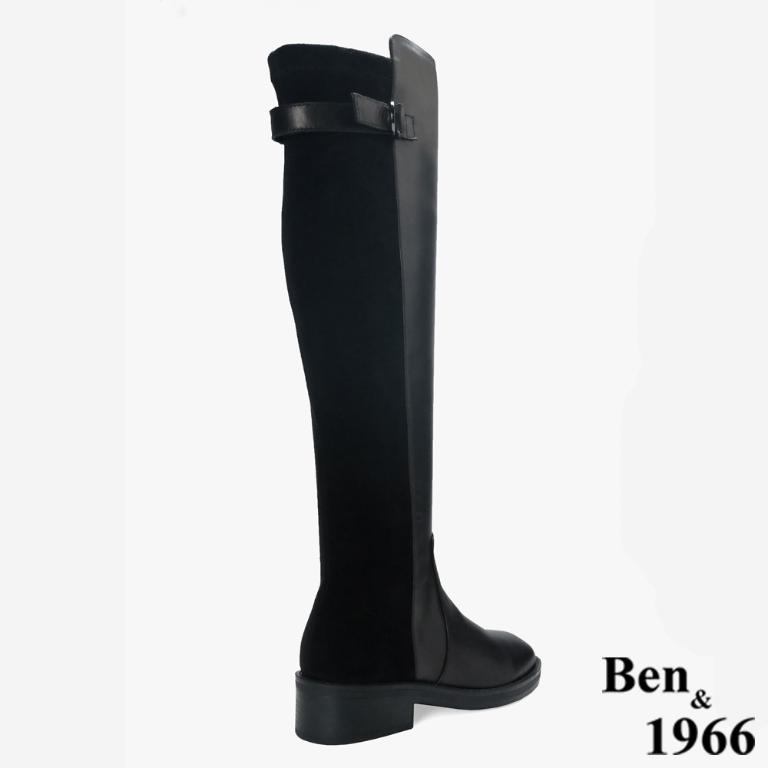 Ben&1966 高級牛皮拼接彈力布個性時尚長靴-黑(247501)
