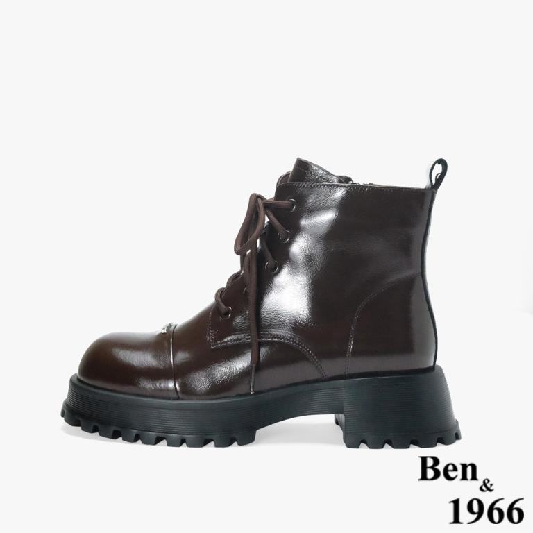 Ben&1966 高級牛油皮個性綁帶時尚短靴-咖啡(247092)