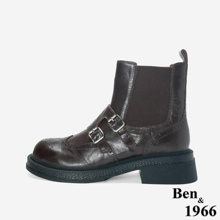Ben&1966 高級植鞣羊皮沖孔造型短靴-咖啡(247192)