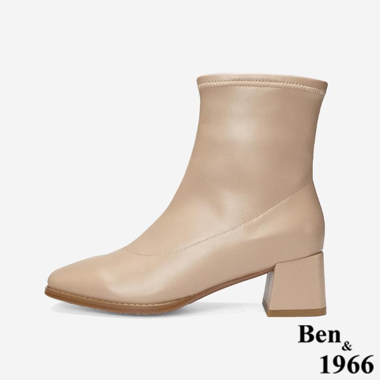 Ben&1966 高級彈力皮革時尚方頭粗跟短靴-杏(247062)