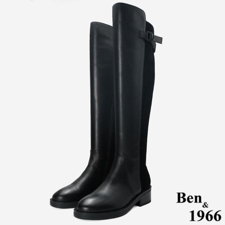 Ben&1966 高級牛皮拼接彈力布個性時尚長靴-黑(247501)