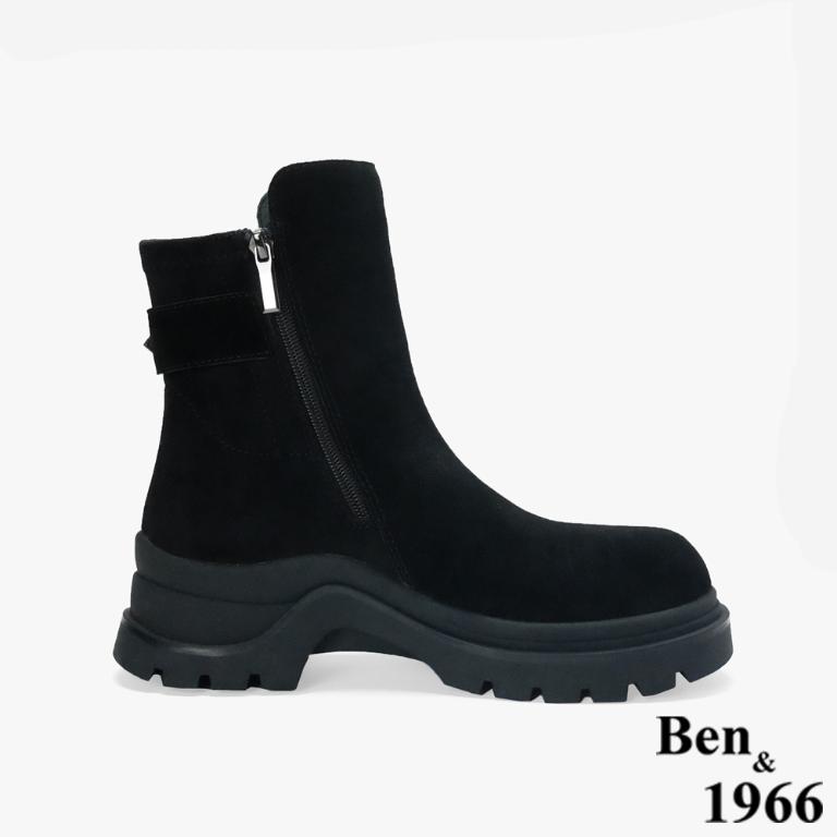 Ben&1966 高級牛皮拼接彈力絨布個性厚底短靴-黑(247211)