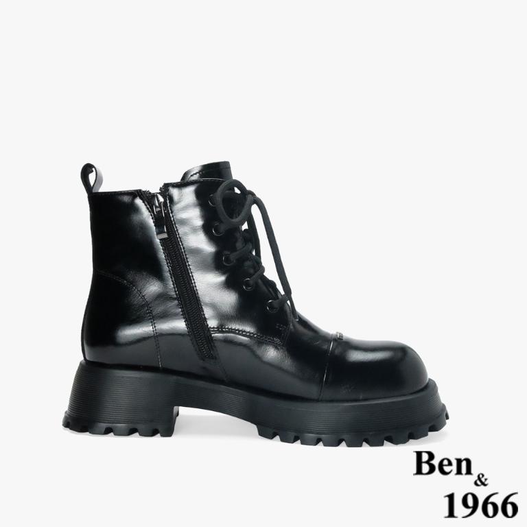 Ben&1966 高級牛油皮個性綁帶時尚短靴-黑(247091)