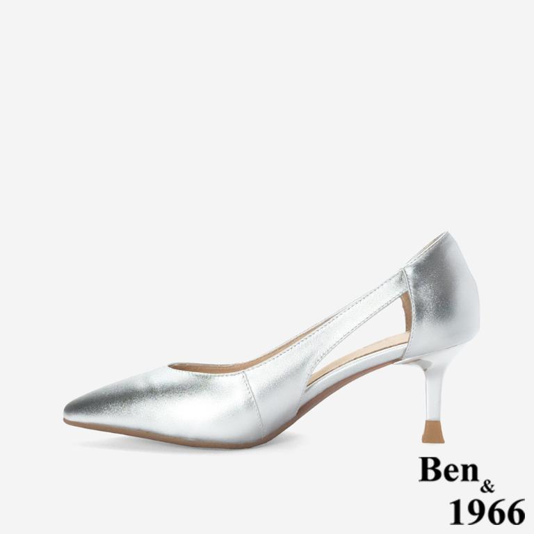 Ben&1966 高級牛皮優雅側簍空尖頭高跟鞋-銀(248312)