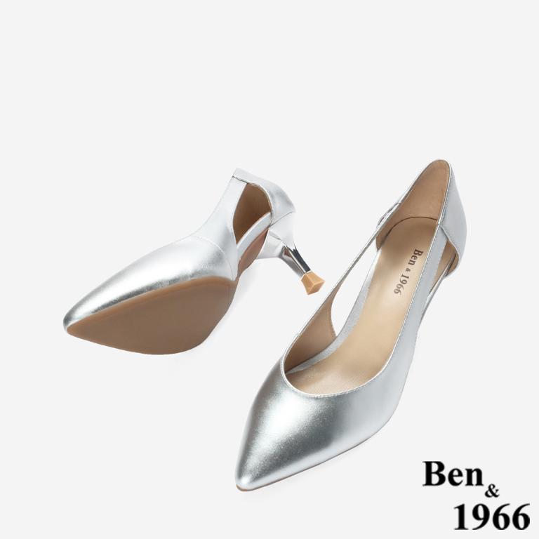 Ben&1966 高級牛皮優雅側簍空尖頭高跟鞋-銀(248312)